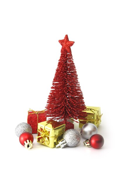 Red pine tree and Christmas ornaments decoration on white space