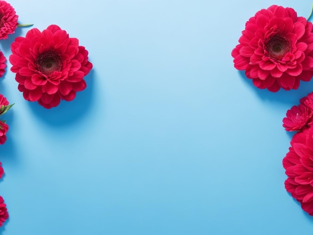 Red and pink decorative flower arrange in row over blue surface and space to write the text