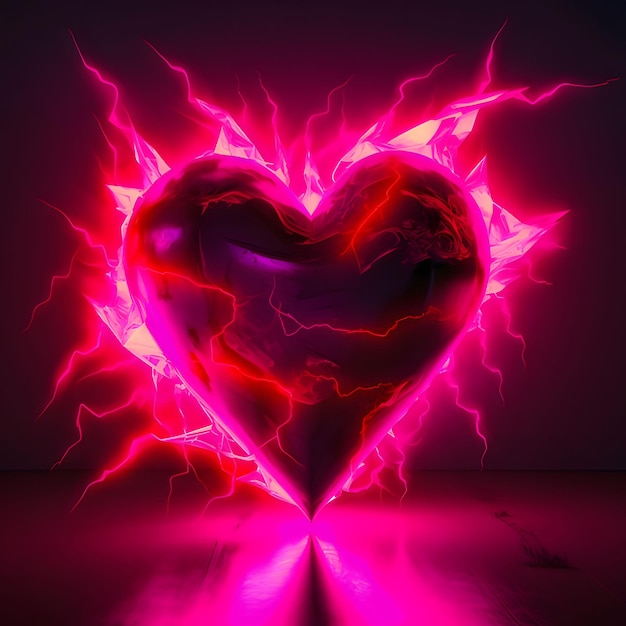 Red and pink heart with lightning bolts on a dark background Heart as a symbol of affection and love