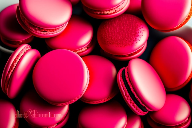 Red and Pink Macarons Closeup Red background Valentine's Day