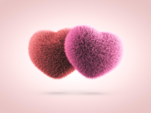 Red and Pink Pair of Fluffy Hearts Valentines Day 3D illustration