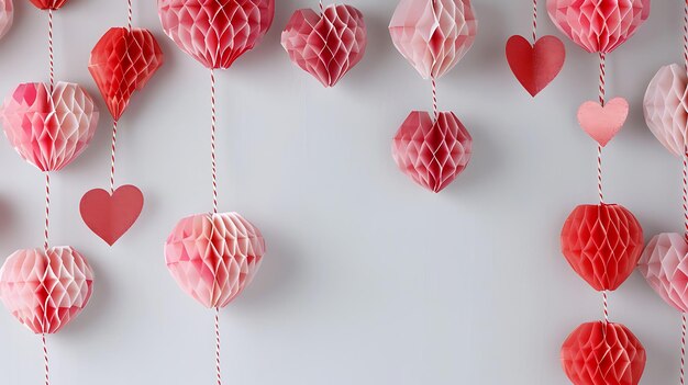 Photo red and pink paper hearts hanging on strings against a white background