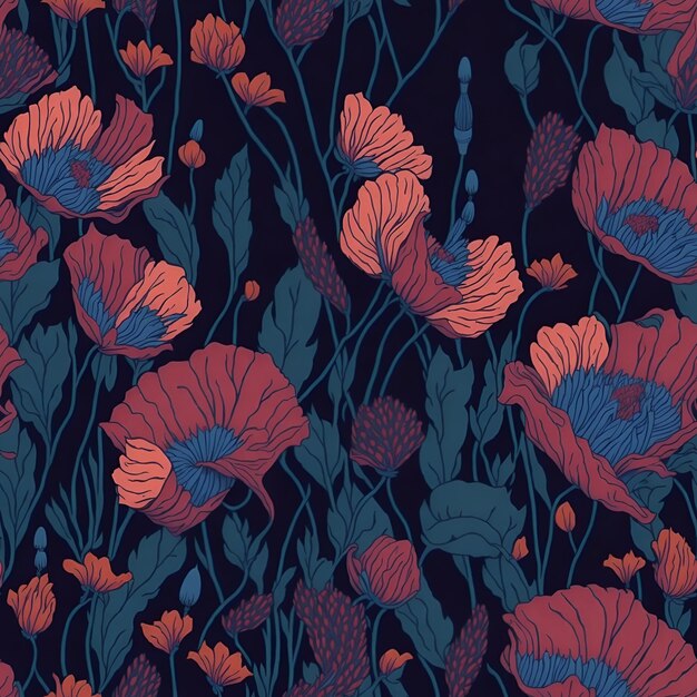 Red and pink poppies Ornament for fabric and packaging design Generative AI