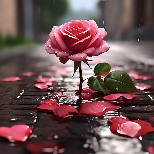 Photo a red and pink rose growing through an old conrete sidewalk while its raining generated by ai