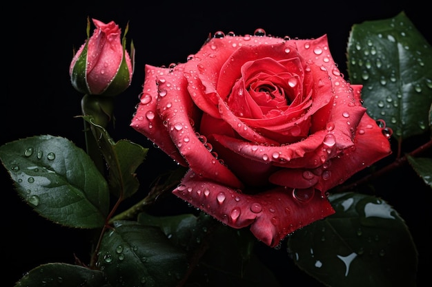 Red and pink rose with water drops isolated premium