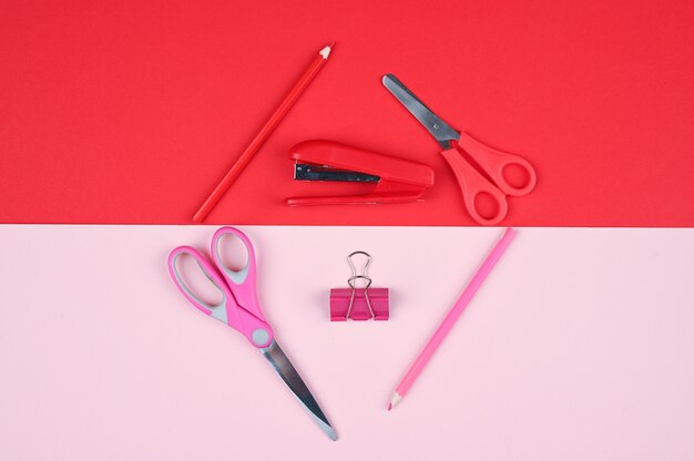 Red and pink stationery top view