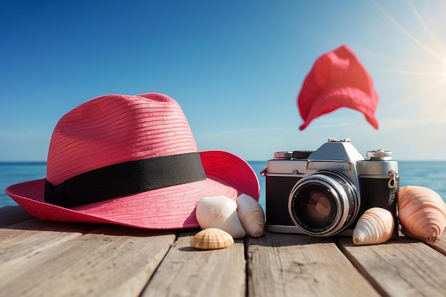 Red pink tower blue hat old vintage camera and shells over wooden floor on sunshine blue sky and ocean background