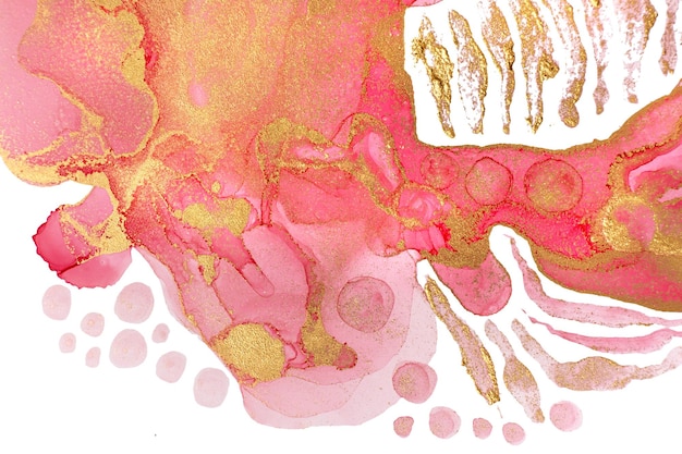 Красно-розовый акварельный абстрактный фон с круглыми каплями и золотым блеском