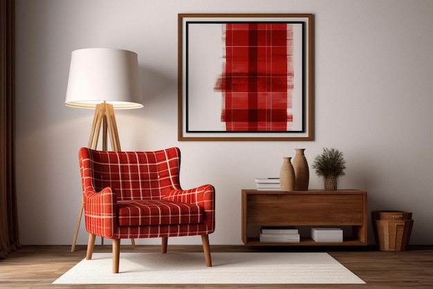 A red plaid chair sits in a living room next to a lamp.