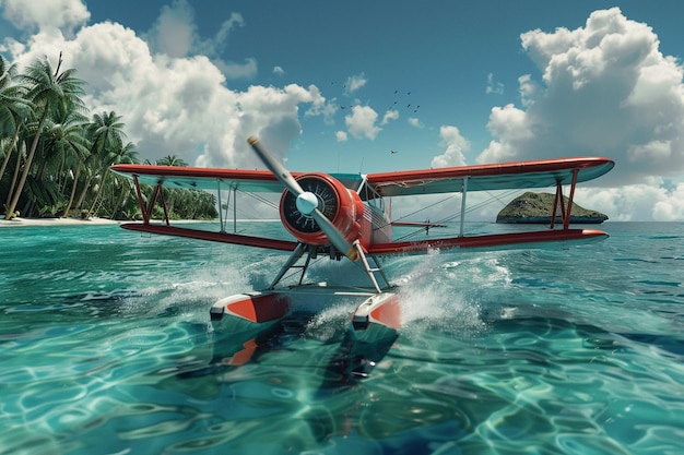 a red plane is floating in the water with a life preserver on the side