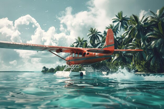 a red plane is flying over the water and a palm tree is in the background