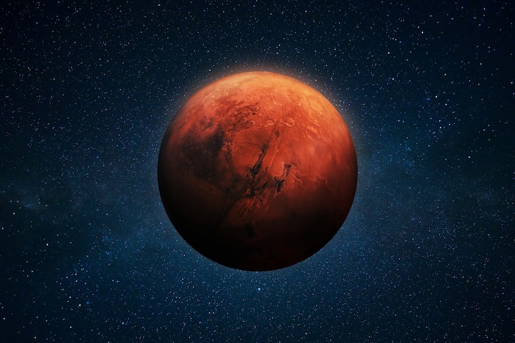 Photo red planet mars in deep outer space with stars. space wallpaper