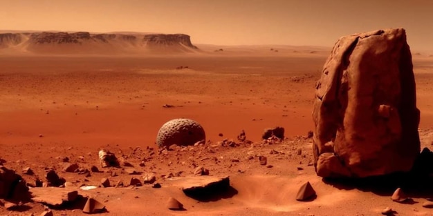 A red planet with a large rock in the middle of it.