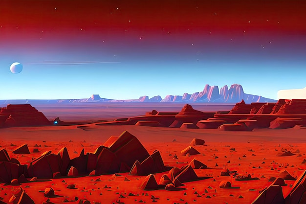 A red planet with mountains in the background