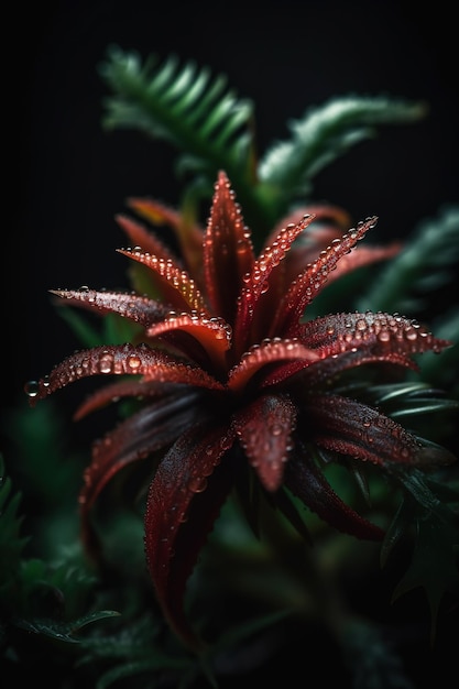 A red plant with water droplets on it