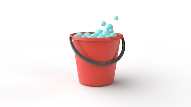 Red plastic bucket and detergent bubbles isolated on white Cleaning background 3d illustration