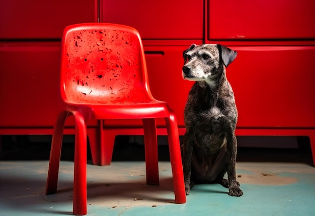 犬が隣にある赤いプラスチックの椅子