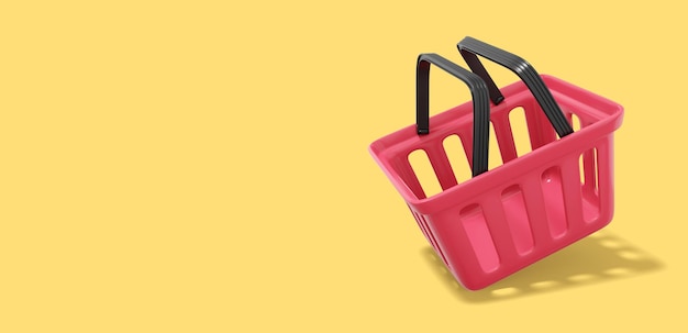 Photo red plastic flying basket on yellow background with space for text empty shopping cart 3d rendering