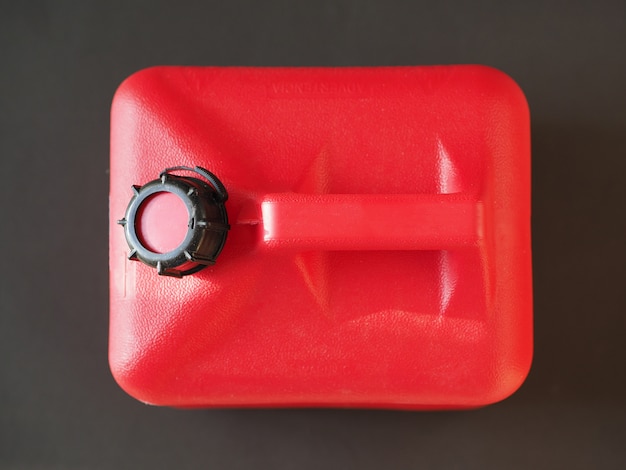 Photo red plastic gas canister. top view.