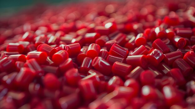 Red plastic pellets Background Closeup Plastic granules Polymer plastic beads resin polymer