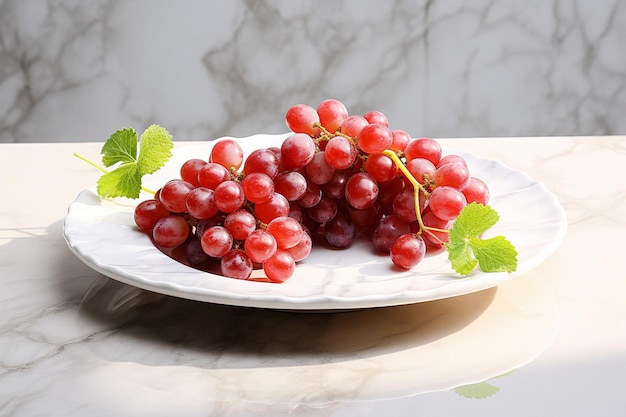 Red plate of fresh grapes placed on marble surface