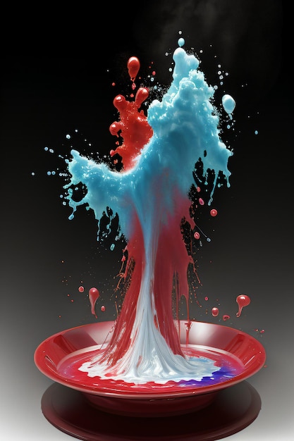 Foto un piatto rosso con un liquido blu e rosso che scorre da esso e un piatto rojo con un fluido rosso e blu