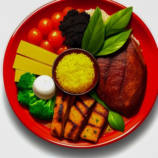 A red plate with a bowl of rice and vegetables on it Brazilian cuisine