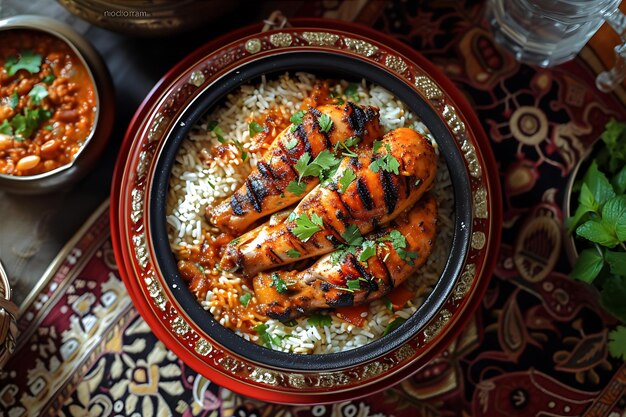 Red Plate with Chicken on Rice