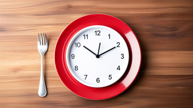 Red plate with clock and fork on wooden background time concept