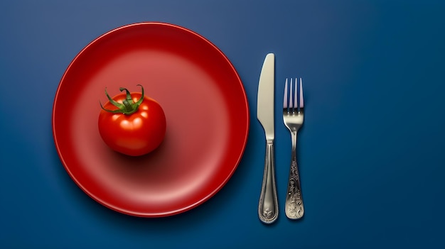 A red plate with a tomato on it and a knife on a blue background