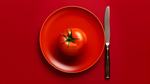 A red plate with a tomato on it and a knife on a red background