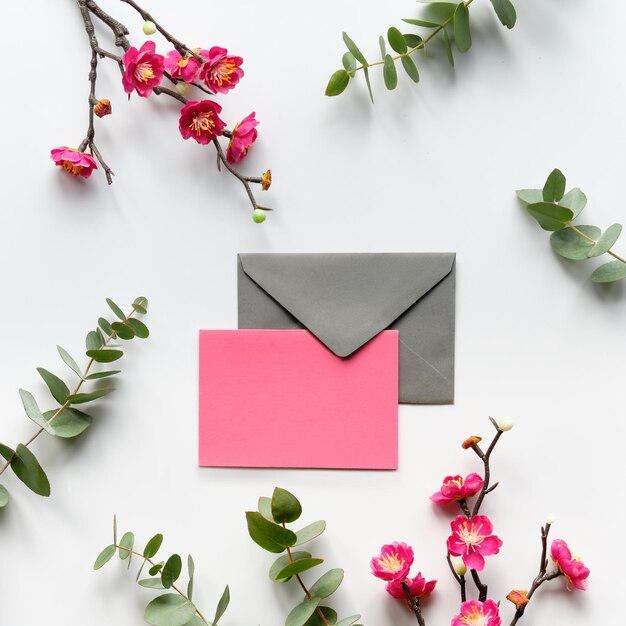 小枝の赤い梅の花新鮮なユーカリの葉灰色の封筒と空白のピンクのカード