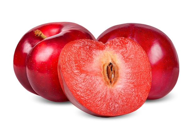 Red plum and half isolated on white background