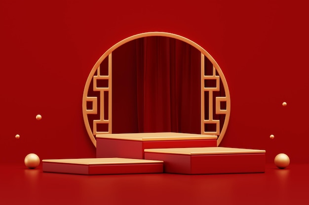 Red podium chinese style luxury pedestal platform space showroom product presentation on red background 3d