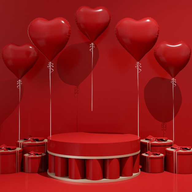 Photo red podium display with heart shaped balloons