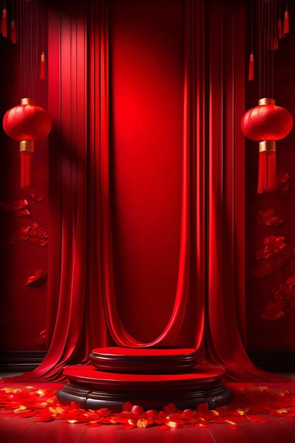 Фото Красный подиум для экспозиции продуктов в восточном стиле, сделанных с помощью генеративного ии
