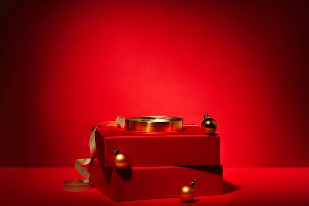Red podium of gift boxes golden circle decor red background
