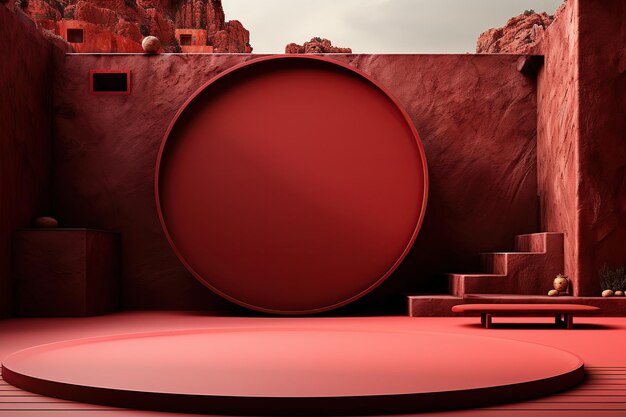 red podium for product display in the desert 3d rendering