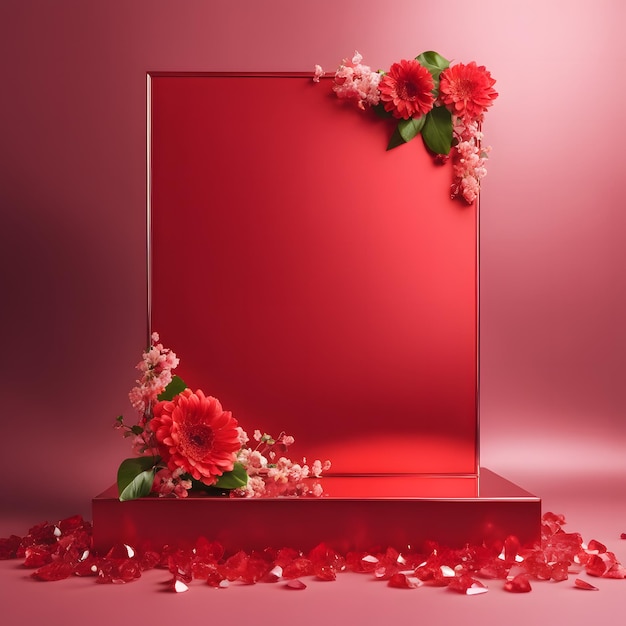 Red podium with flowers and petals on a pink background