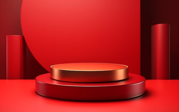 A red podium with a gold plate on it in front of a red background generative ai