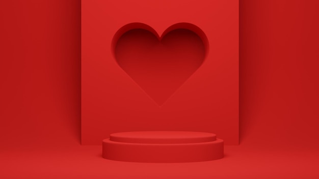 red podium with heart for product presentation, copy space. 3d rendering. valentine concept.