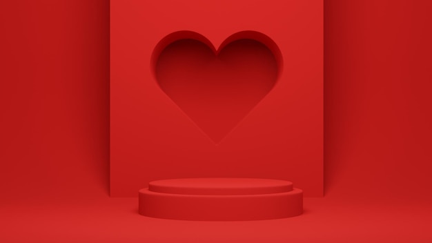 Red podium with heart for product presentation, copy space. 3d rendering. Valentine concept.