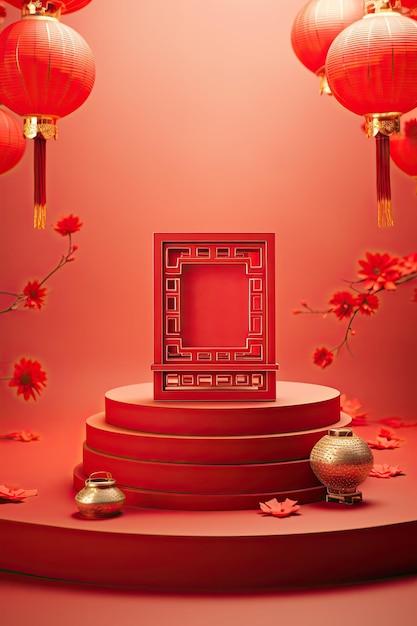 Red podium with lantern chinese new year and gift box product stand podium background pedestal 3d