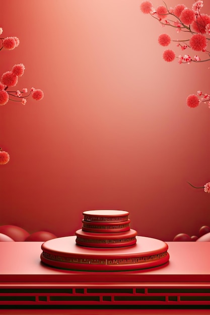 Red podium with lantern chinese new year and gift box product stand podium background pedestal 3d