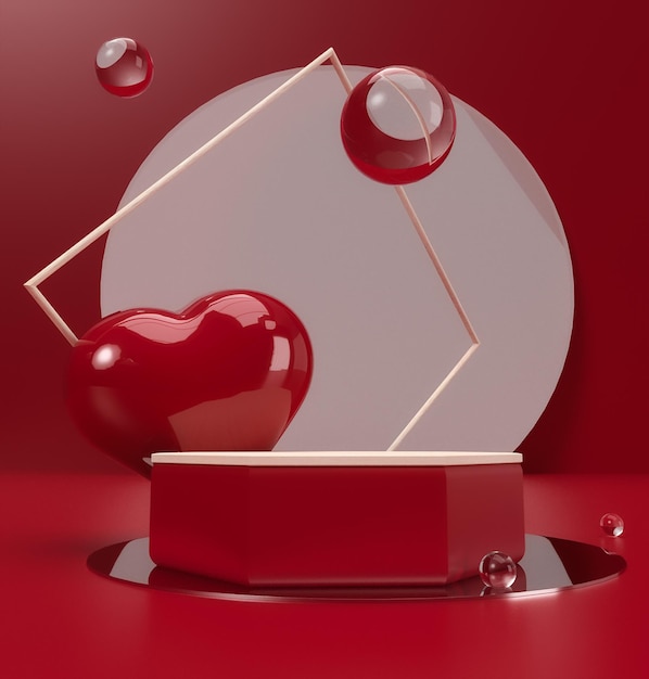 Red podium with red heart on red background to show cosmetic products minimal 3d scene