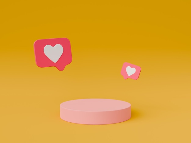 red podium with social media like icons floating above on a yellow studio background
