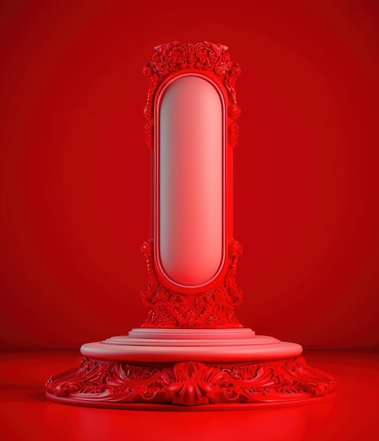 A red podium with a white base and a red background with glitters