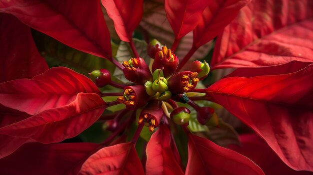 Red Poinsettia flower Euphorbia Pulcherrima or Nochebuena Christmas Star flower clos Generative AI