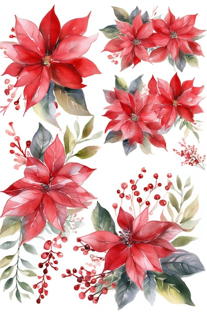 A red poinsettia with a red flower on a white background.