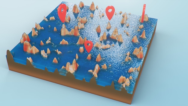 Photo red pointers, markers on the 3d map navigation. contour lines on a topographic map